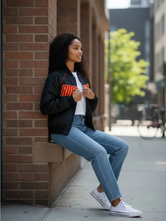 Vintage Houston Rockets Black Graphic Bomber Jacket with Red Trim - Women - Picture 2 of 3